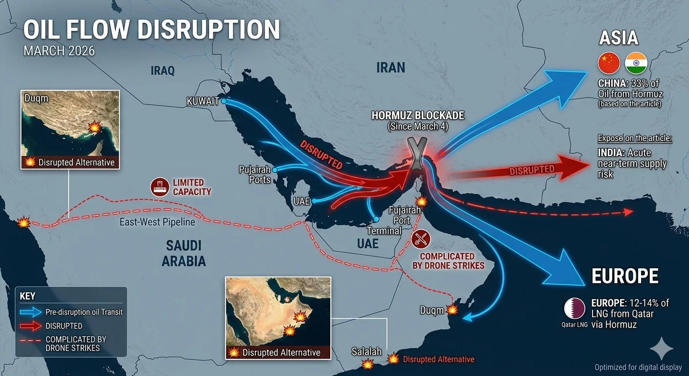 Map showing Strait of Hormuz oil flow routes to Asia, Europe, and bypass alternatives via Duqm and Salalah ports, with disrupted routes marked