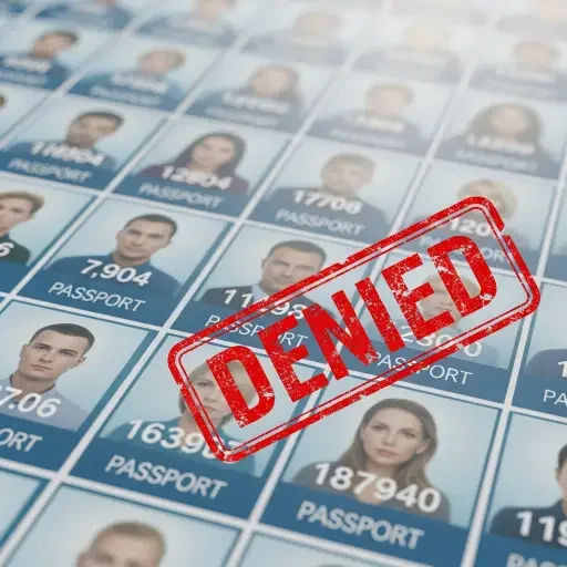 Row of ID photos and credit scores fading toward a denied stamp, illustrating tightened approvals and credit rationing