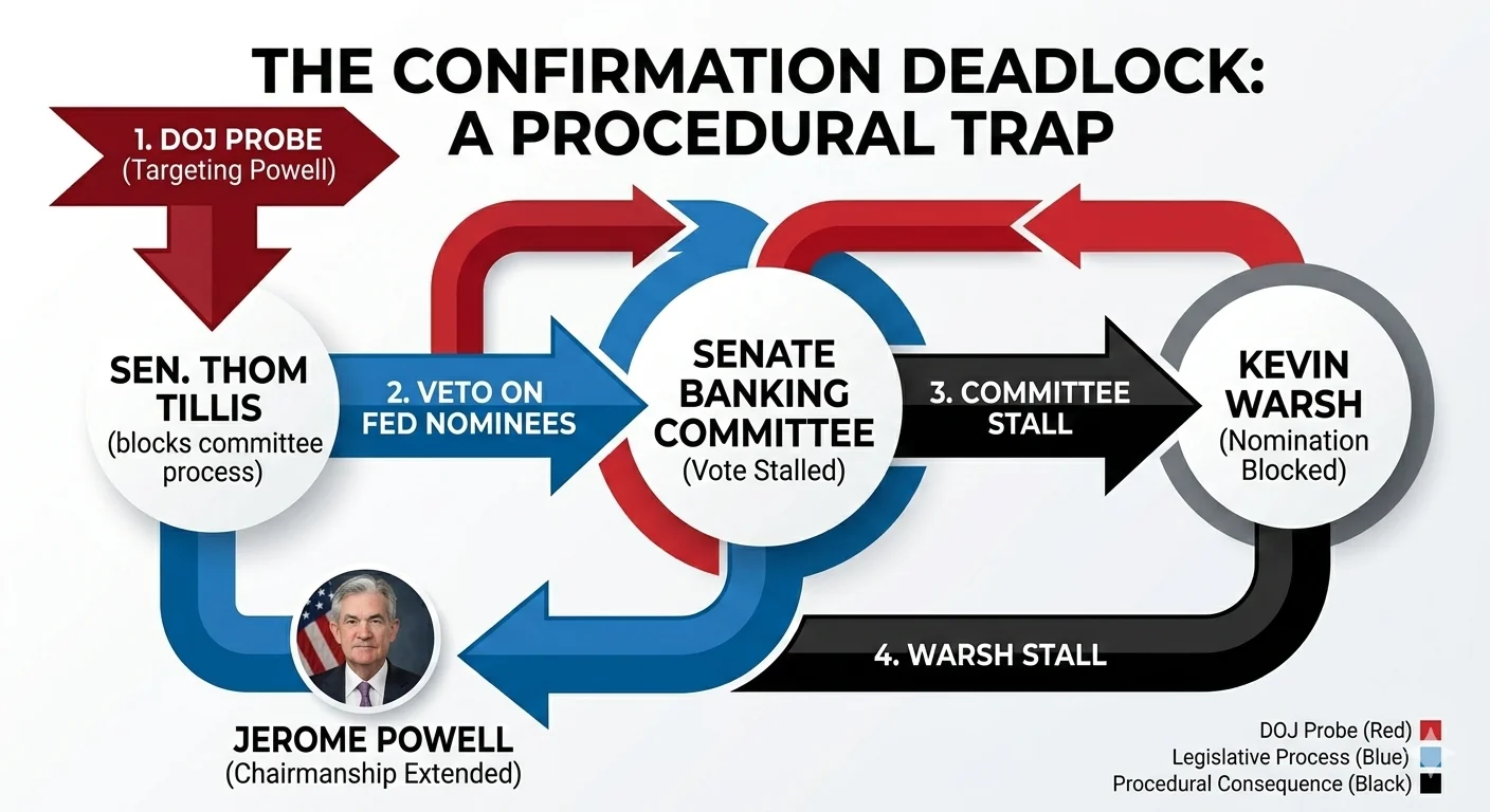Diagram showing the confirmation deadlock: DOJ probe blocks Tillis, Tillis blocks committee vote, committee stall blocks Warsh, Warsh stall extends Powell's tenure