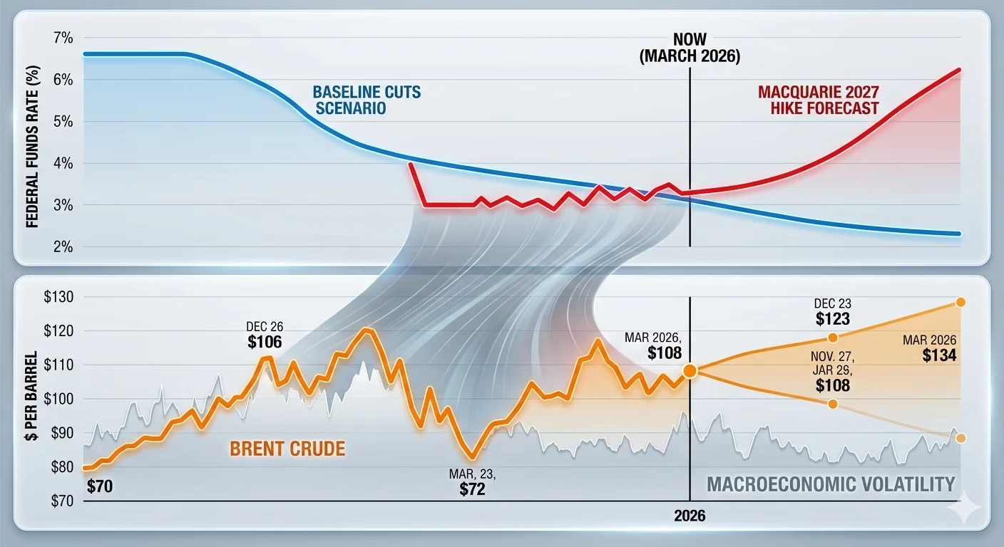 Federal funds rate path projection chart comparing baseline cuts scenario against Macquarie's 2027 hike forecast, overlaid with Brent crude price trajectory