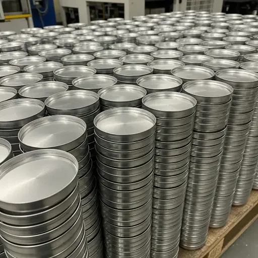 Close-up of stacked aluminum can blanks ready for stamping and assembly