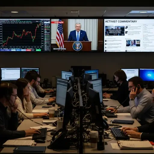 A newsroom with a bank of monitors displaying mortgage rates, Treasury briefings, and activist commentary.