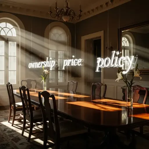 An elegant, empty dining room with afternoon sun cutting across a long table—ownership, price, and policy suspended in midair.