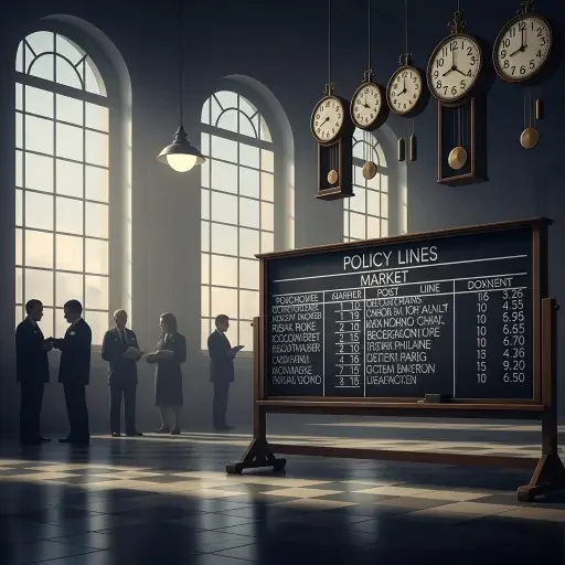 Market-floor silhouettes with muted light, murmuring tick-tocks, a chalkboard of policy lines.