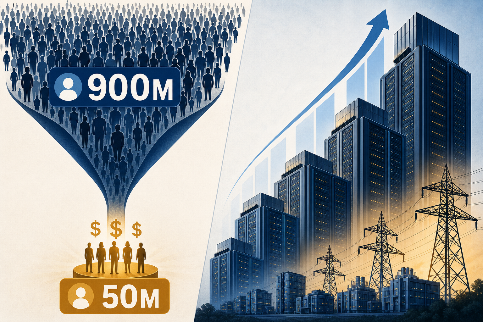 Funnel diagram showing 900 million weekly users narrowing to 50 million paying subscribers against a backdrop of expanding data center capacity