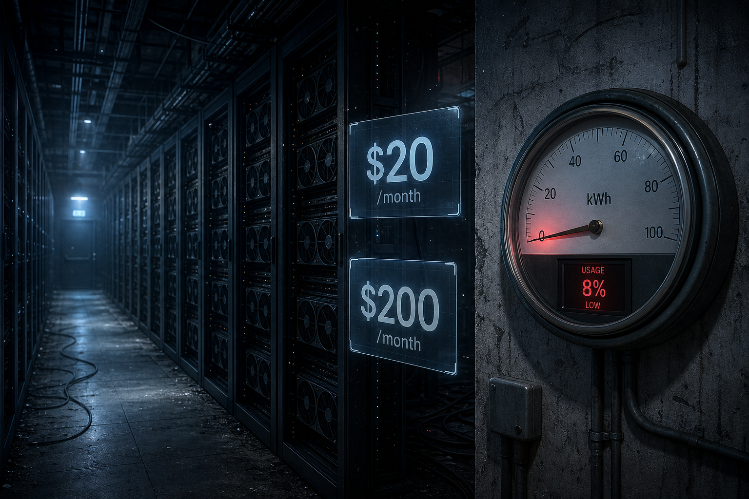 Vast dark data center aisle with idle GPU racks beside floating consumer subscription price tags and a dimmed utility meter