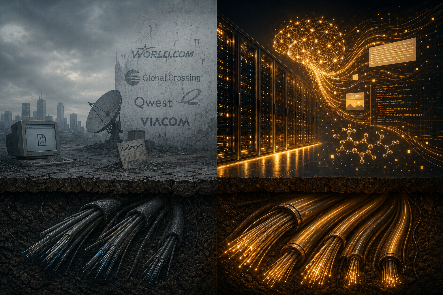 Split illustration contrasting unused year-2000 fiber optic infrastructure with a glowing 2026 AI data center generating text, code, and molecular models