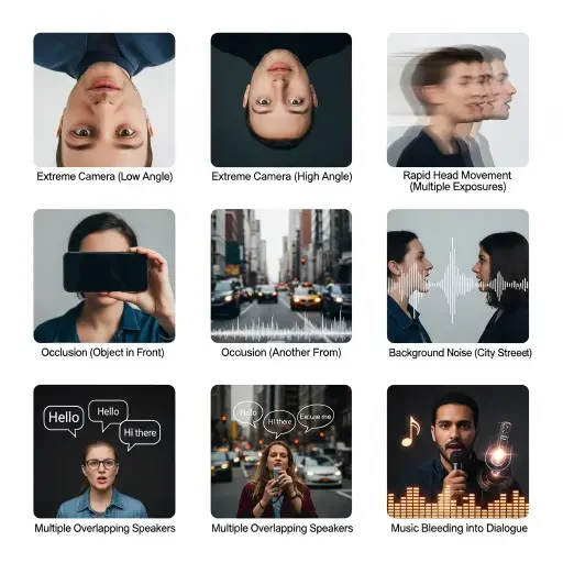 AI models struggle with extreme camera angles, rapid head movements, and occlusions where objects pass in front of faces. Audio quality affects output—background noise, multiple overlapping speakers, and music bleeding into dialogue channels all degrade synchronization accuracy.