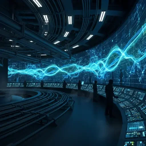 Engine room of a digital control panel with human silhouettes overseeing flows of data