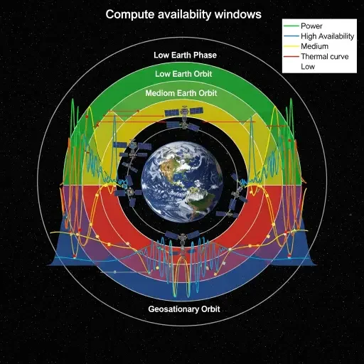 Orbital mechanics diagram showing compute availability windows across different orbital phases, with power and thermal curves overlaid