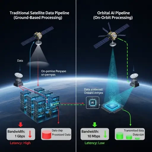 Split-screen visualization showing traditional satellite data pipeline (ground-based processing) versus orbital AI pipeline with bandwidth comparison metrics