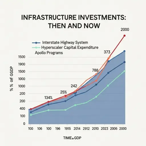 Chart showing hyperscaler capital expenditure as percentage of GDP compared to historical infrastructure buildouts including Interstate Highway System and Apollo Program