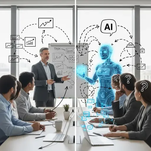Split comparison: left shows traditional mid-level manager coordinating team with context arrows, right shows AI agent attempting same coordination with broken information flows