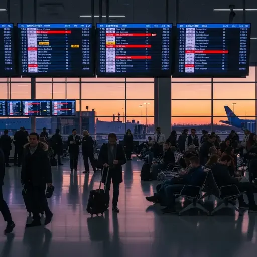 A busy airport concourse at dusk, flight boards flickering with delays