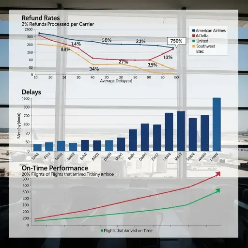 A chart overlay showing refund rates, delays, and on-time performance across major carriers