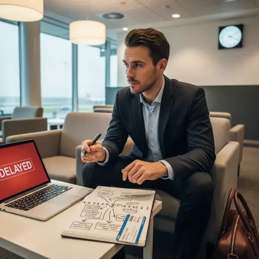 A contemplative business traveler with a laptop, a delayed flight notification on screen, and a plan for the next trip
