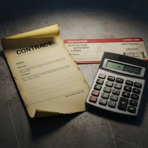 A faded contract, a boarding pass, and a calculator—symbols of the refund economy
