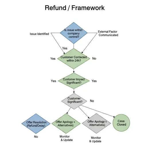 A closing diagram illustrating the refund/delay decision framework