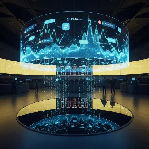 A calm, data-driven scene of the exchange floor and on-chain activity converging through a glass interface