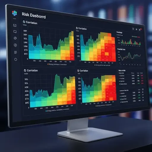 A risk dashboard with heatmaps showing correlations among XRP, SOL, LINK, and other tokens during stress scenarios