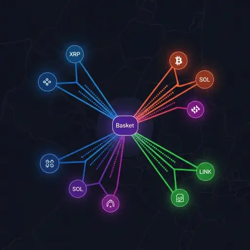 A stylized map of the allocation decision graph, with nodes for XRP, SOL, LINK, and “basket” as central hub