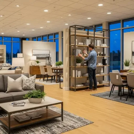 A quiet, well-lit furniture showroom with a few remaining displays and a lone salesperson reorganizing a shelf