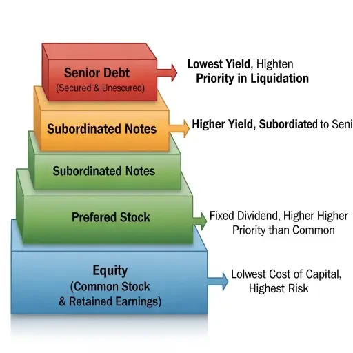 Stacked diagram showing REIT capital structure: equity, preferreds, subordinated notes, senior debt