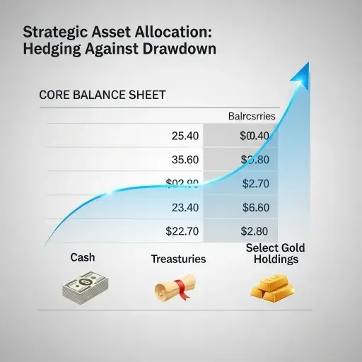 A balance sheet infused with a convex curve overlay showing cash, treasuries, and select gold holdings as hedges against drawdown