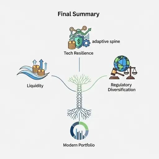 A final summary diagram showing three hedges—Liquidity, Tech Resilience, Regulatory Diversification—as the adaptive spine of a modern portfolio