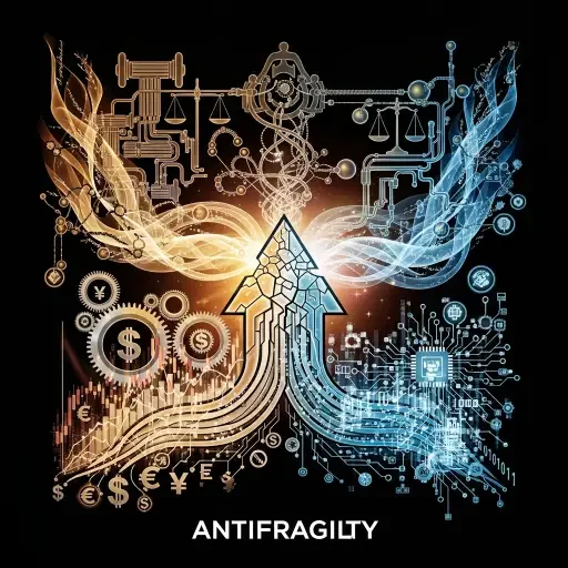 A stylized convergence of finance, technology, and governance symbols, illustrating antifragility as a function of narrative and optionality