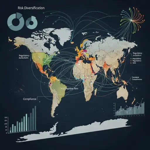A world map with highlighted regulatory jurisdictions and pathways between them, suggesting diversification as a risk discipline