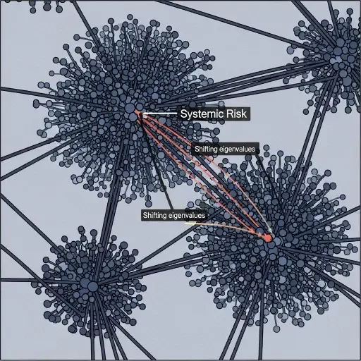 Diagram of a metastable network with dense hubs and heavy, opaque edges, illustrating shifting eigenvalues and systemic risk