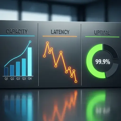Investor briefing board with stylized graphs of capacity, latency, and uptime