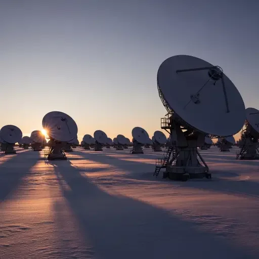 Sunset over a snow-dusted field of satellite dishes, their silhouettes etched against a pale sky