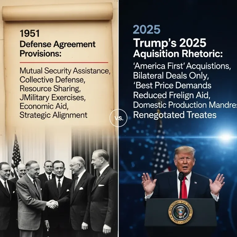 Split-screen comparison showing 1951 Defense Agreement provisions versus Trump's 2025 acquisition rhetoric