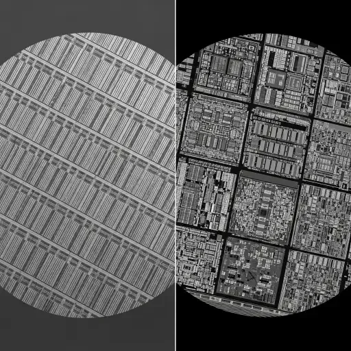 Split-screen showing DRAM wafer patterning vs foundry wafer patterning
