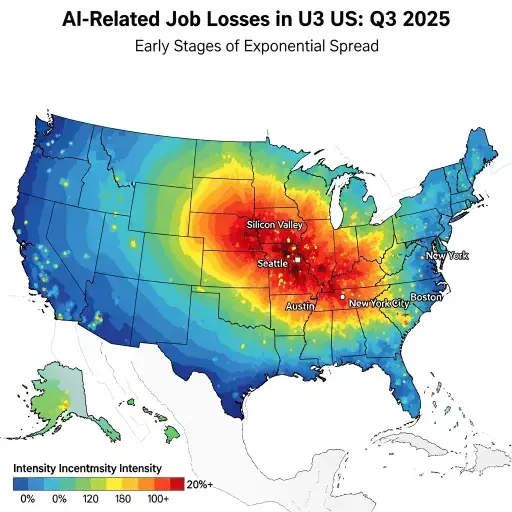 A heat map showing geographic concentration of AI-related job losses across the United States, with intensity increasing dramatically in tech hubs during Q3 2025, suggesting early stages of exponential spread