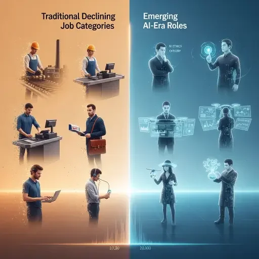 A split-screen visualization: one side showing traditional declining job categories fading away, the other showing emerging AI-era roles materializing as translucent outlines, suggesting the difficulty of measuring jobs that don't yet have clear definitions