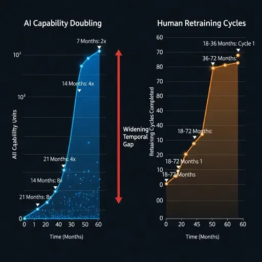A visualization showing two timelines side by side: one timeline showing AI capability doubling at 7-month intervals with exponential growth curve, the other showing human retraining cycles at 18-36 month intervals with linear progression, emphasizing the widening temporal gap