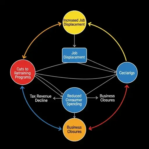 An interconnected network diagram showing how job displacement triggers cascading effects: reduced consumer spending → business closures → tax revenue decline → cuts to retraining programs → increased displacement, forming a circular feedback loop