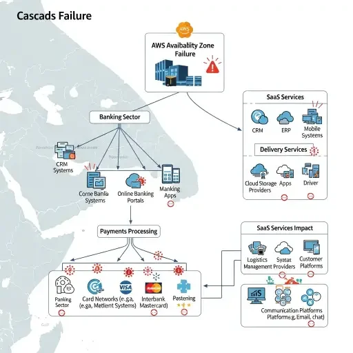 Diagram showing cascade from AWS availability zone failure through banking, payments, delivery, and SaaS services in the Gulf