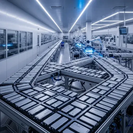A corridor inside a modern plant, conveyor belts in motion, modular battery cells aligned like a latticework