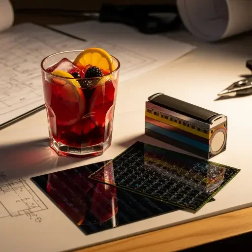A glass of sangria sits on a drafting table beside a silicon wafer and a battery cell cross-section, the juxtaposition a wink to the project’s cultural frame
