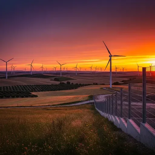 A sunset view of the Iberian countryside, with wind turbines turning behind a fence of new industrial infrastructure