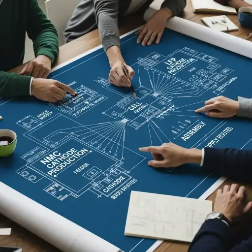 The blueprint of the plant unfurls on a long table, hands orbiting around letters like NMC, LFP, and cathode/anode supply routes
