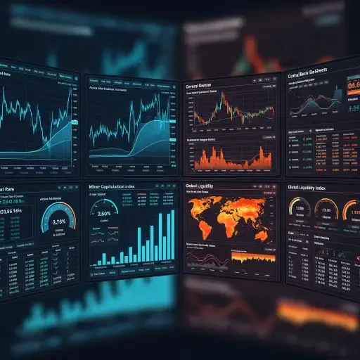 A dense dashboard of on-chain metrics—hash rate, active addresses, miner capitulation—juxtaposed with macro liquidity gauges