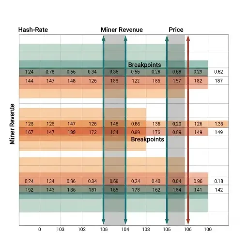 A matrix of hash-rate, miner revenue, and price with shading to illustrate compression bands and breakpoints