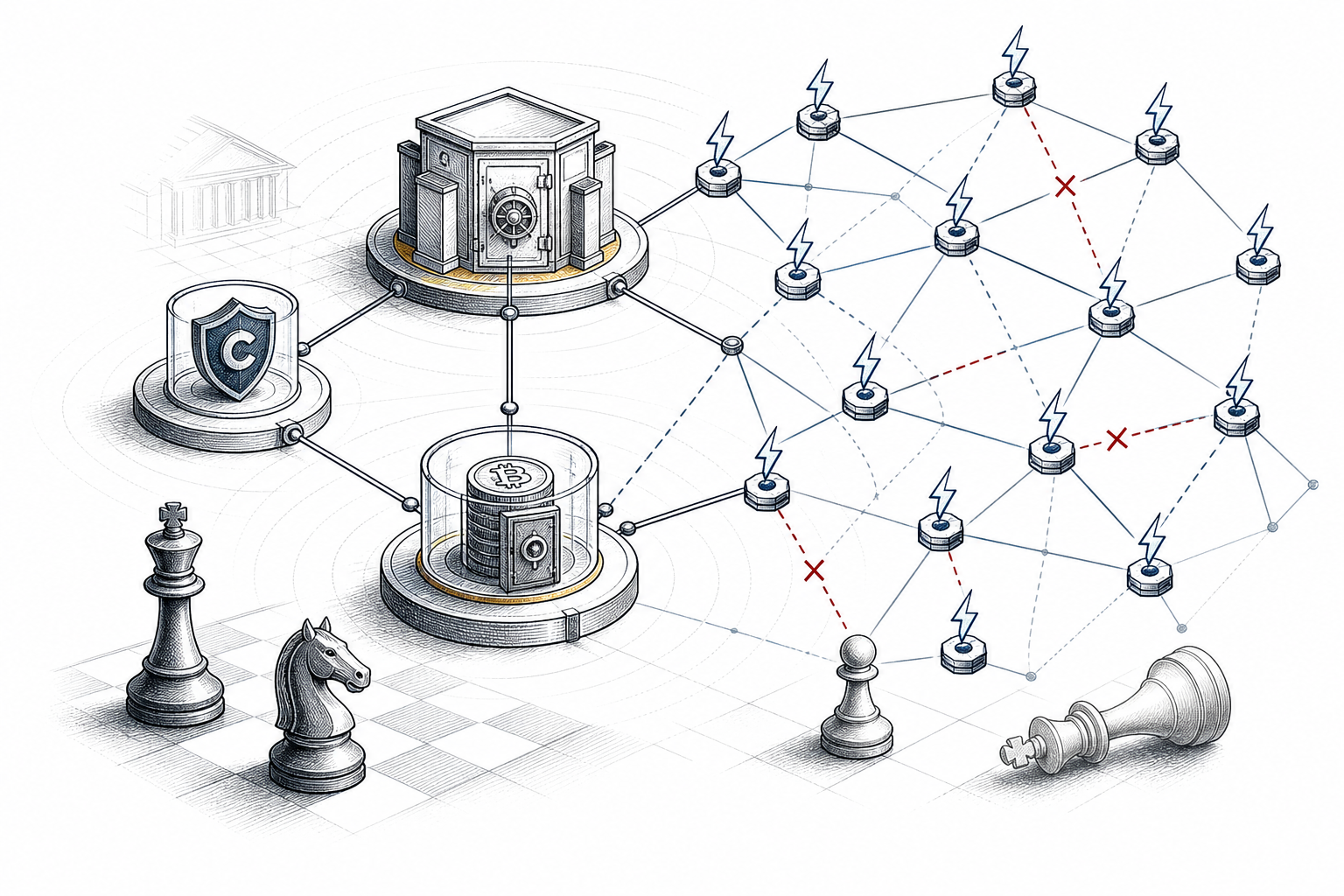 Network topology showing custodial ETF hubs, mining pool concentration, and Lightning routing mesh with broken paths