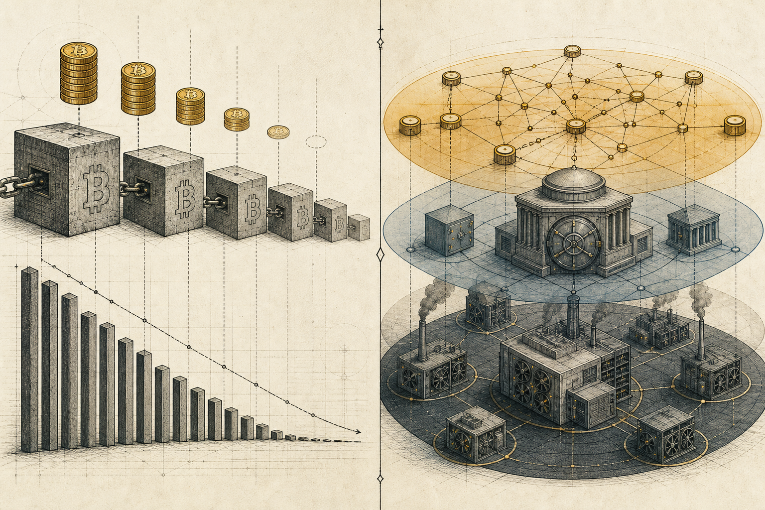 Split diagram showing Bitcoin block subsidy fading alongside layered ETF custody, mining pools, and Lightning network channels