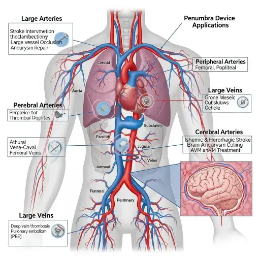 Anatomical diagram showing arterial, venous, and pulmonary vascular systems with overlay indicating Penumbra device applications across different vessel types and clinical indications